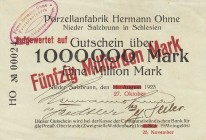 Städte und Gemeinden nach 1914
Nieder Salzbrunn (Schl./Pol) 1 Million Mark 11.8.1923. 50 Milliarden Mark Überdruck 27.10.1923 - Porzellanfabrik Herma...