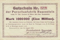 Städte und Gemeinden nach 1914
Rauenstein (Thür.) 1 Million Mark 18.8.1923. Porzellanfabrik Rauenstein, vorm Fr. Chr. Greiner & Söhne Ke. 4448 Selten...