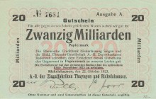 Städte und Gemeinden nach 1914
Rickelshausen (BW) 20, 50 und 3x 100 Milliarden (2 Unterschriftenvar. und 1x blanco) 22.10.1923 - Ziegelfabriken Ke. 4...