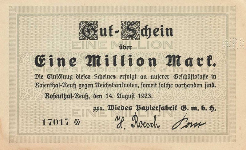 Städte und Gemeinden nach 1914
Rosenthal-Reuß (Thür.) 500.000, 1, 5 und 10 Mill...