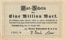 Städte und Gemeinden nach 1914
Rosenthal-Reuß (Thür.) 500.000, 1, 5 und 10 Millionen Mark 14.8.1923 - Wiede's Papierfabrik G.m.b.H. Ke. 4630 4 Stück....