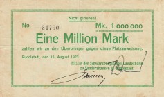 Städte und Gemeinden nach 1914
Rudolstadt (Thür.) 1 Million Mark 15.8.1923. Platzananweisung - Filiale der Schwarzburgischen Landesbank zu Sondershau...