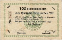 Städte und Gemeinden nach 1914
Saalfeld (Ostpr./Pol.) 100 Milliarden Mark 9.11.1923. Magistrat Ke. 4681 b Sehr selten. IV
