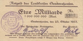 Städte und Gemeinden nach 1914
Sondershausen (Thür.) 1 Milliarde Mark 23.10.1923. Mit WZ. FÜRSTENTHUM SCHWARZBURG-SONDERSHAUSEN. 2 Milliarden (Serie ...