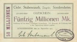 Städte und Gemeinden nach 1914
Sonderheim (RP) 50 Millionen Mark 20.9.1923. Gebr. Stubenrauch, Ziegelei Ke. 4621 II
