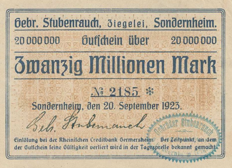 Städte und Gemeinden nach 1914
Sonderheim (Bay) 10 und 20 Millionen Mark 20.9.1...