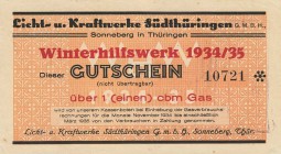 Städte und Gemeinden nach 1914
Sonneberg (Thür) Gutschein über 1 cbm. Gas. 1 Kwst. Strom - Sonneberger Licht u. Kraftwerke GmbH. 1 cbm. Wasser des St...