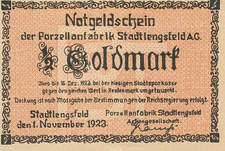 Städte und Gemeinden nach 1914
Stadtlengsfeld (Thür.) 1/2 Goldmark 1.11.1923 mi...