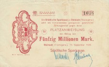 Städte und Gemeinden nach 1914
Steinach (Thür.) 5, 10 und 50 Millionen Mark 15.9.1923 - Städtische Sparkasse. 5 und 20 Millionen Mark 17.8.1923 - CuP...
