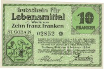 Städte und Gemeinden nach 1914
Stolberg (NRW) 1, 5 und 10 franz. Franken 6.2.1924 - Actien-Gesellschaft der Spiegelmanufacturen u. Chemischen Fabrike...