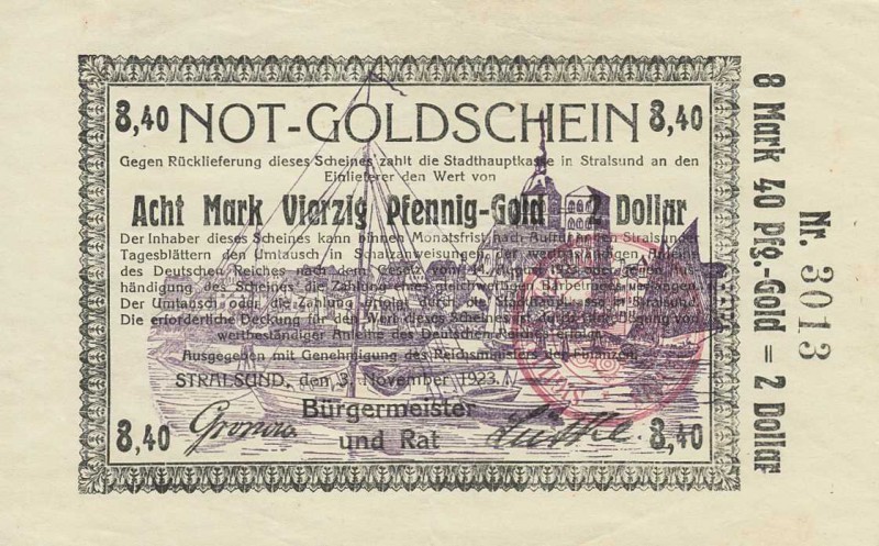 Städte und Gemeinden nach 1914
Stralsund (M-V) 42 und 84 Gpf., 1,05, 2,10 (III)...