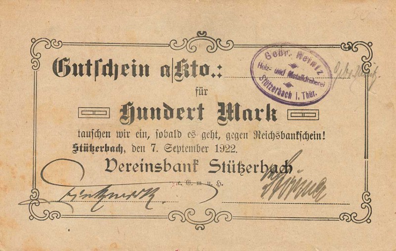 Städte und Gemeinden nach 1914
Stützerbach (Thür.) 100 Mark 7.9.1922. Gutschein...