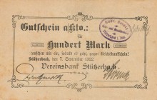 Städte und Gemeinden nach 1914
Stützerbach (Thür.) 100 Mark 7.9.1922. Gutscheine der Vereinsbank - Gebr. Heintz und Hugo Kummer & Co., Paul Gorski. 5...