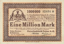 Städte und Gemeinden nach 1914
Tettau (Thür.) 500000, 1 und 3 Millionen Mark 22.8.1923 - Porzellanfabrik Tettau. Der Schein zu 3 Millionen Mark ist e...