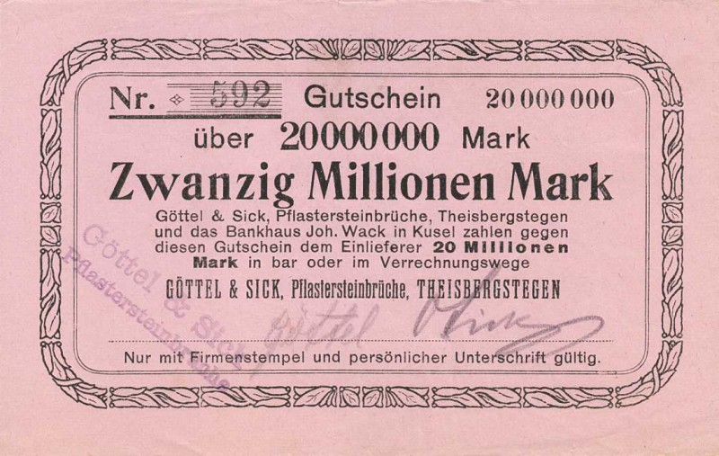 Städte und Gemeinden nach 1914
Theisbergstegen (RP) 5, 10 und 20 Millionen Mark...