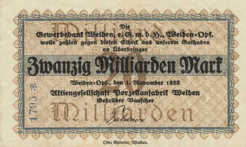 Städte und Gemeinden nach 1914
Weiden (Bay) 20 Milliarden Mark 1.11.1923. Porze...