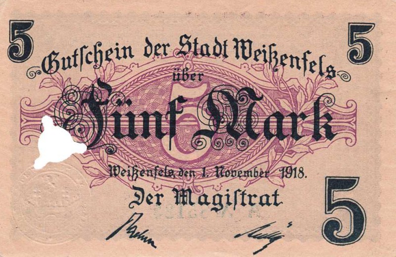 Städte und Gemeinden nach 1914
Weißenfels (S-A) 5 Mark 1.11.1918. Magistrat. En...