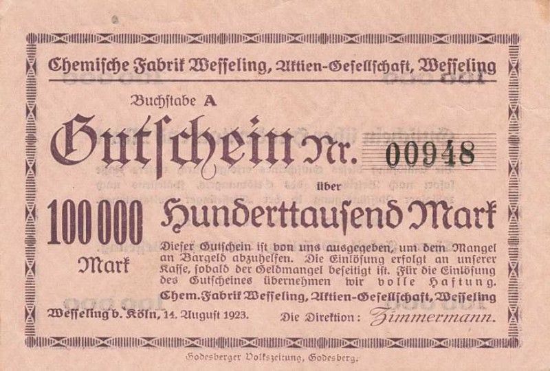 Städte und Gemeinden nach 1914
Wesseling (NRW) 50.000 und 100.000 Mark 14.8.192...