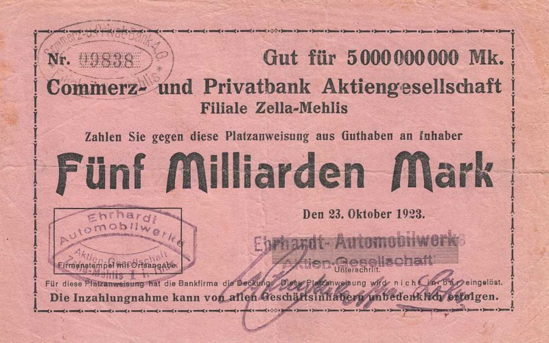 Städte und Gemeinden nach 1914
Zella-Mehlis (Thür.) 100 und 500 Mark 15.9.1922....