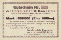 Notgeldscheine
Lot-ca. 1450 Stück Thüringen Dabei u.a.: Ca 1200 Serienscheine 1918-1922 und Verkehrsausgaben und 9x Taschen. Ca. 270 Inflationsgeldsc...