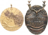 Lots
Lot-2 Stück Bulgarien - Bronzeanstecker o.J. - Bulgarische Jagd- und Fischereigesellschaft und Türkei - Tragbare Messingmedaille 1938 - Tod von ...