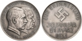 Drittes Reich
 Silbermedaille 1933 (F.W. Hörnlein) Machtergreifung Hitlers. Köpfe Hitlers und Hindenburgs nebeneinander nach rechts / 3 Zeilen Schrif...