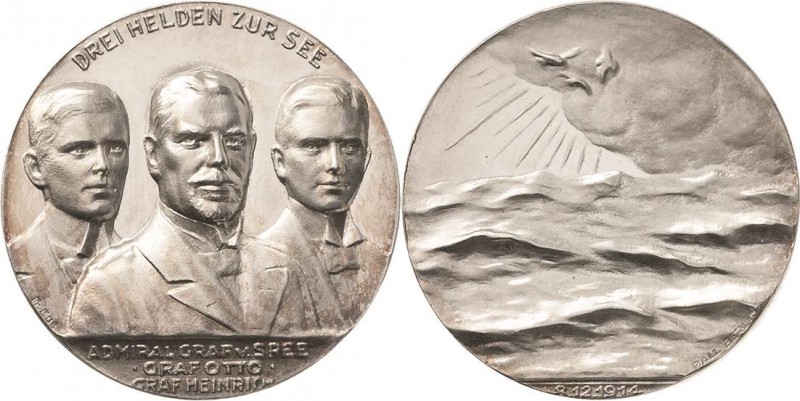 Erster Weltkrieg
 Silbermedaille 1914 (F. Eue/Ball) Auf den Tod in der Seeschla...