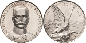 Erster Weltkrieg
 Silbermedaille 1915 (F. Eue/Oertel) Generalstabschef Erich von Falkenhayn. Brustbild von vorn / Adler mit ausgebreiteten Flügeln st...