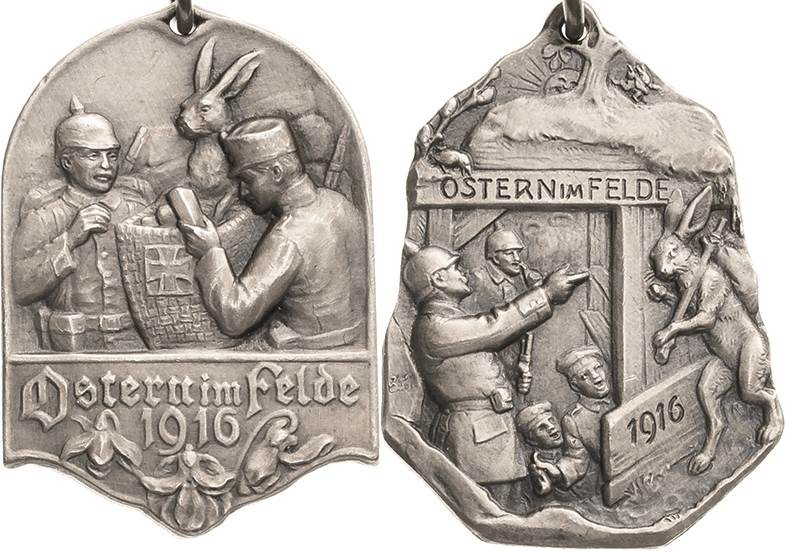 Erster Weltkrieg
 Einseitige Silberplakette 1916 (unsigniert) Ostern im Felde. ...