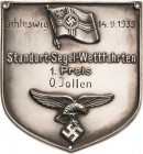 Luft- und Raumfahrt
 Einseitige Weißmetallplakette o.J. (graviert 1939). 1. Preis - Schleswig Standort-Segel-Wettfahrten. 64 x 68,8 mm, 31,45 g. Mit ...