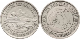 Luft- und Raumfahrt
 Silbermedaille 1969 (H. Lamparter) 40. Jahrestag der 1. Weltfahrt des LZ 127. Luftschiff über Hangar / Weltkarte mit Fahrtroute....