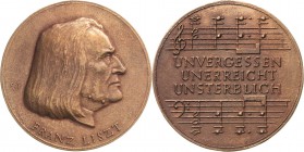 Musik - Personen
Liszt, Franz 1811-1886 Bronzegußmedaille 1983 (W. Günzel) Kopf nach rechts / 3 Zeilen Schrift zwischen Notenzeilen. 85,4 mm, 212,66 ...
