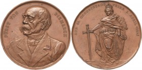 Personenmedaillen
Bismarck, Fürst Otto von 1815-1898 Große Bronzemedaille 1895 (Lauer) 80. Geburtstag. Brustbild halb links / Germania steht mit Schw...