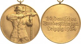 Schützenmedaillen - Bundesschießen
XX. Deutsches Bundesschießen 1934 - Leipzig Goldmedaille Hüftbild eines Schützen mit angelegtem Gewehr nach rechts...