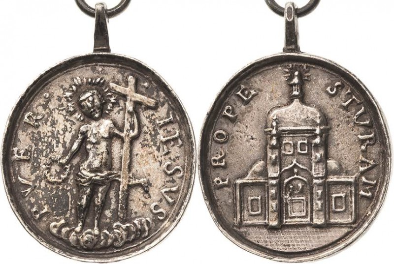 Wallfahrtsmedaillen
 Versilbertes Bronzemedaillon o.J. (18. Jh.). Jesus mit Kre...
