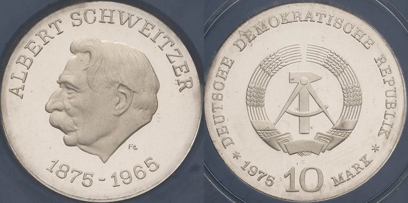 Gedenkmünzen Polierte Platte
 10 Mark 1975. Schweitzer. Im verplombten Original...