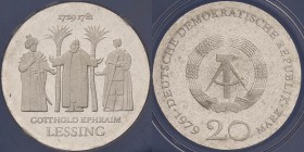 Gedenkmünzen Polierte Platte
 20 Mark 1979. Lessing. Im verplombten Originaletui Jaeger 1571 Polierte Platte