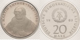 Gedenkmünzen Polierte Platte
 20 Mark 1983. Luther. Im verplombten Originaletui Jaeger 1591 Polierte Platte