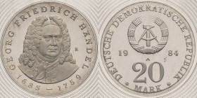 Gedenkmünzen Polierte Platte
 20 Mark 1984. Händel. Im verplombten Originaletui Jaeger 1595 Polierte Platte