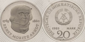 Gedenkmünzen Polierte Platte
 20 Mark 1985. Arndt. Im verplombten Originaletui Jaeger 1605 Avers kl. Flecke, Polierte Platte