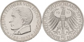 Gedenkmünzen
 5 DM 1957 J Josef Freiherr von Eichendorff Jaeger 391 Avers kl. Kratzer, vorzüglich-Stempelglanz