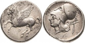 Akarnania Leukas
 Stater 4. Jhd. v. Chr. Pegasos nach links fliegend, darunter Beizeichen Lambda / Athenakopf mit korinthischen Helm mit großem Nacke...