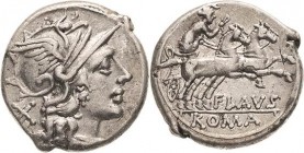 Römische Republik
Decimus Flavus 150 v. Chr Denar Romakopf mit Flügelhelm nach rechts, dahinter Wertzeichen X / Victoria in Biga nach rechts, darunte...