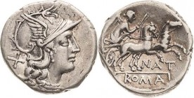 Römische Republik
Pinarius Natta 149 v. Chr Denar Romakopf mit Flügelhelm nach rechts, dahinter Wertzeichen X / Victoria mit Peitsche in Biga nach re...