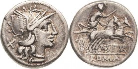 Römische Republik
A. Spurilius 139 v. Chr Denar Romkopf mit Flügelhelm nach rechts, dahinter Wertzeichen X / Victoria in Biga nach rechts, A SPVRI, d...