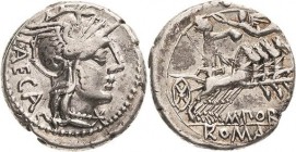 Römische Republik
M. Porcius Laeca 125 v. Chr Denar Romakopf mit Flügelhelm nach rechts, dahinter LAECA / Libertas mit Pileus in Quadriga nach rechts...