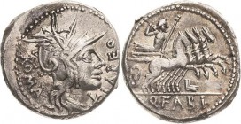 Römische Republik
Q. Fabius Labeo 124 v. Chr Denar Romakopf mit Flügelhelm nach rechts, rechts Wertzeichen X, LABEO ROMA / Jupiter mit Blitzbündel un...