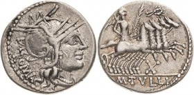 Römische Republik
M. Tullius 120 v. Chr Denar Romakopf mit Flügelhelm nach rechts, dahinter ROMA / Victoria mit Palmenzweig in Quadriga, darunter Wer...
