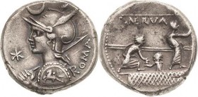 Römische Republik
P. Licinus Nerva 113-112 v. Chr Denar Brustbild der Roma mit Schild und geschulterter Lanze nach links, darüber Wertzeichen, ROMA /...