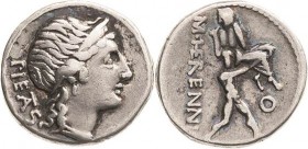 Römische Republik
M. Herennius 108-107 v. Chr Denar Kopf der Pietas mit Stephane nach rechts, davor B, PIETAS / Einer der katanäischen Brüder trägt s...